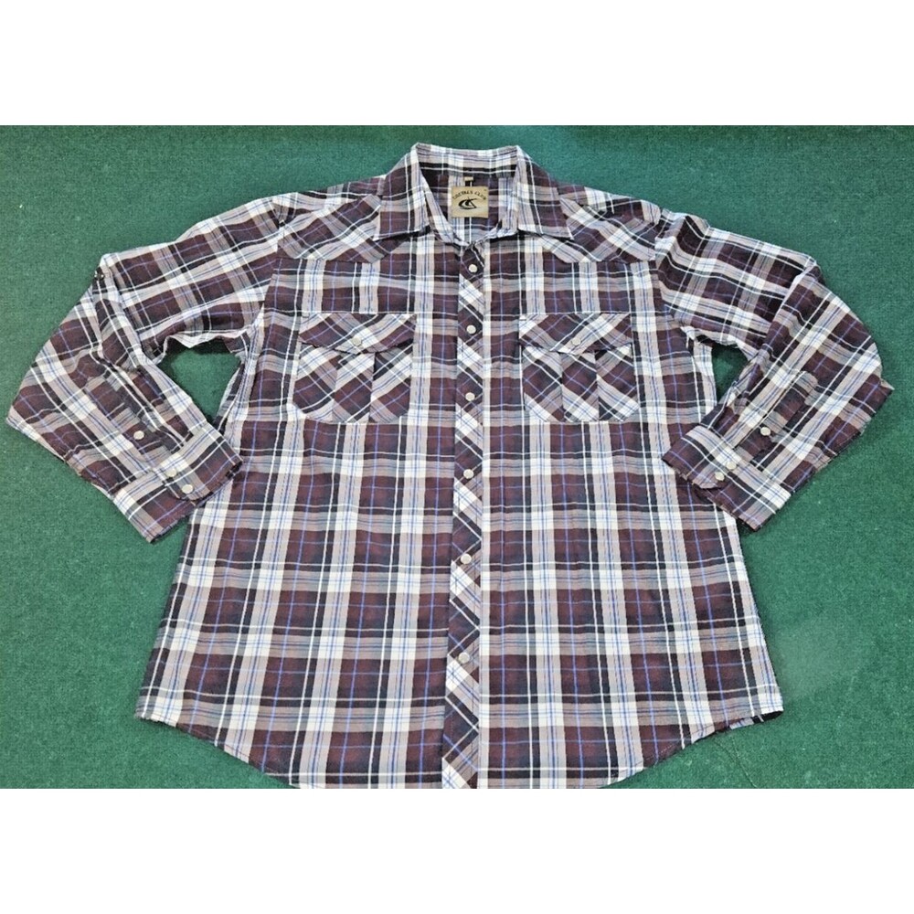 Coevals Club L maroon Plaid Western Shirt Pearl Snap Long Sleeve Cowboy blue